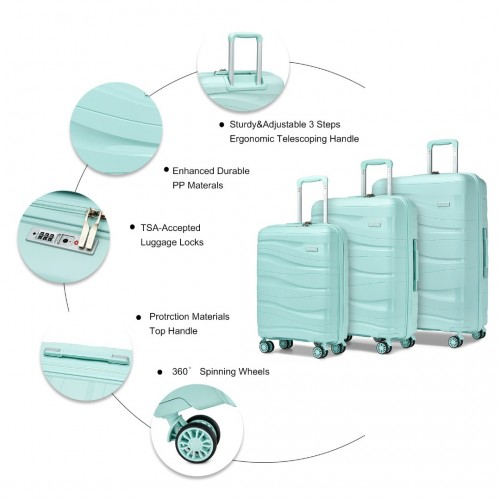 K2094L - Kono Lightweight Polypropylene Hard Shell 3 Piece Suitcase Set With TSA Lock - Mint Green