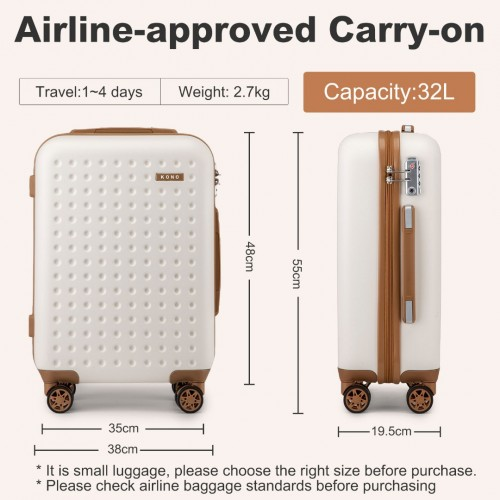 Kono 20-Inch Polka Dot Hard Shell Cabin Suitcase with TSA Lock - Cream and Brown ABS+PC