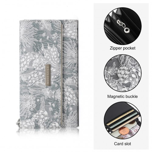 Miss Lulu Elegant Women's Long Purse with Detachable Wrist Strap and Multi-Card Organizer - Grey