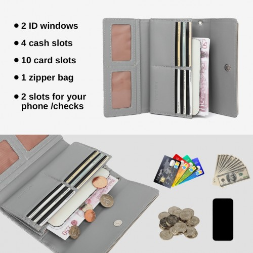 Miss Lulu Elegant Women's Long Purse with Detachable Wrist Strap and Multi-Card Organizer - Grey