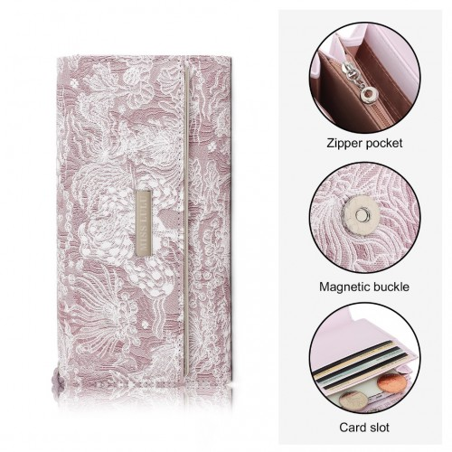 Miss Lulu Elegant Women's Long Purse with Detachable Wrist Strap and Multi-Card Organizer - Pink