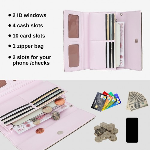 Miss Lulu Elegant Women's Long Purse with Detachable Wrist Strap and Multi-Card Organizer - Pink