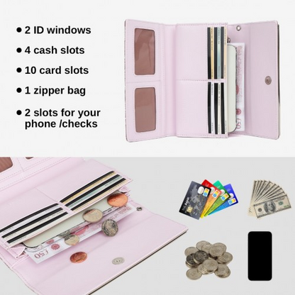 Miss Lulu Elegant Women's Long Purse with Detachable Wrist Strap and Multi-Card Organizer - Pink