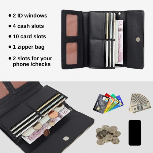 Miss Lulu Elegant Women's Long Purse with Detachable Wrist Strap and Multi-Card Organizer - Black