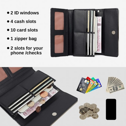 Miss Lulu Elegant Women's Long Purse with Detachable Wrist Strap and Multi-Card Organizer - Black