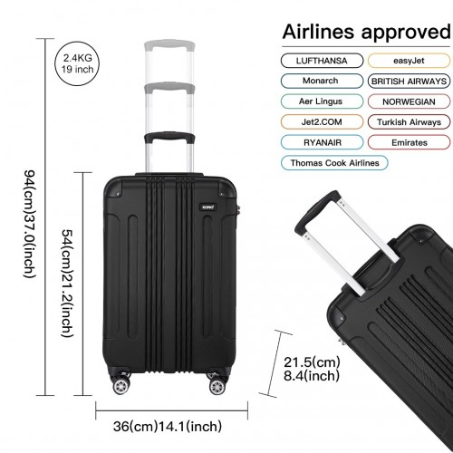 Kono 19 Inch ABS Lightweight Compact Hard Shell Cabin Suitcase - Black Travel Carry-On Luggage