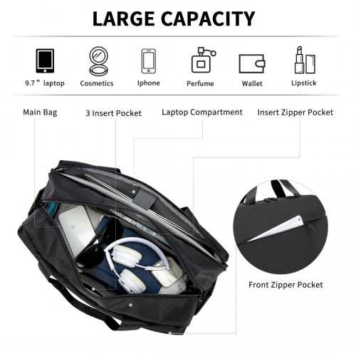Kono Water-Resistant Travel Bag with Laptop Sleeve - Multi-Functional Tote for Business and Weekend - Large Capacity for Men and Women - Black