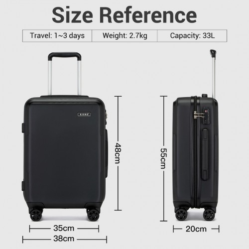 Kono 20 Inch Minimalist Hard Shell Carry-On Suitcase with TSA Lock and 360° Spinner Wheels - Black