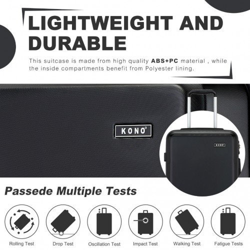 Kono 20 Inch Minimalist Hard Shell Carry-On Suitcase with TSA Lock and 360° Spinner Wheels - Black