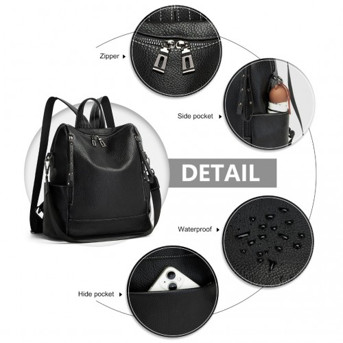 Miss Lulu Women's Convertible PU Leather Backpack & Shoulder Bag - Versatile 2-in-1 Design, Black