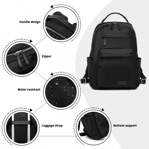 Miss Lulu Stylish Black Backpack with Laptop Sleeve, Multiple Pockets & Trolley Sleeve