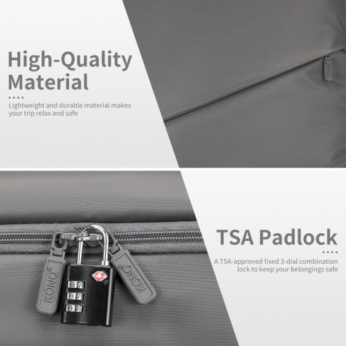 Kono 20 Inch Lightweight Soft Shell Carry On Cabin Size Suitcase with TSA Lock and Wet/Dry Compartment - Grey