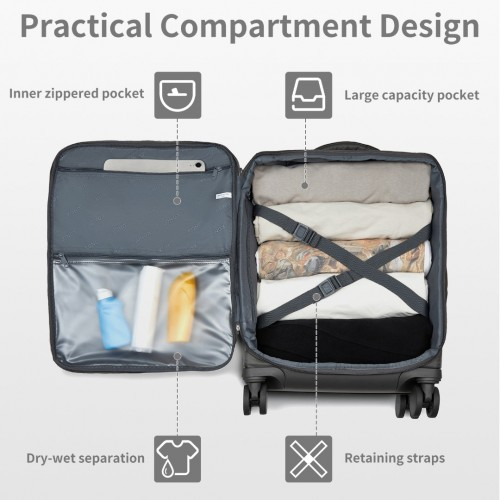 Kono 20 Inch Lightweight Soft Shell Carry On Cabin Size Suitcase with TSA Lock and Wet/Dry Compartment - Grey