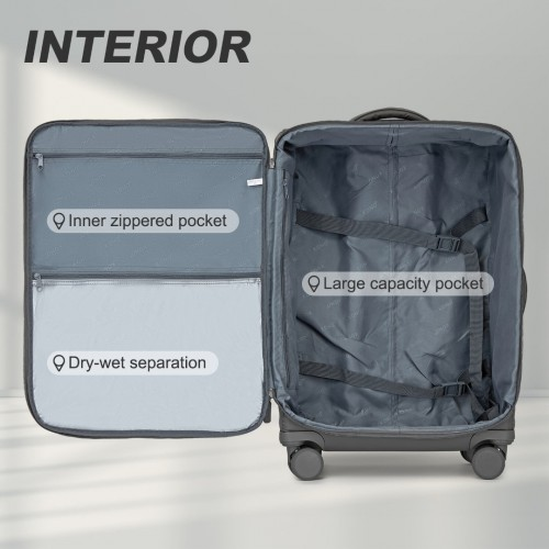 Kono 20 Inch Lightweight Soft Shell Carry On Cabin Size Suitcase with TSA Lock and Wet/Dry Compartment - Grey