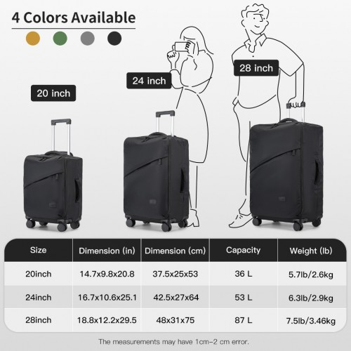 KSK2491 - Kono 3-Piece 20/24/28 Inch Lightweight Durable Soft Shell Suitcase Set with TSA Lock and Separate Wet/Dry Compartment - Black