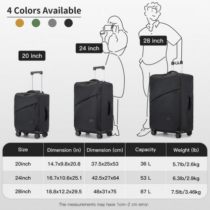 KSK2491 - Kono 3-Piece 20/24/28 Inch Lightweight Durable Soft Shell Suitcase Set with TSA Lock and Separate Wet/Dry Compartment - Black