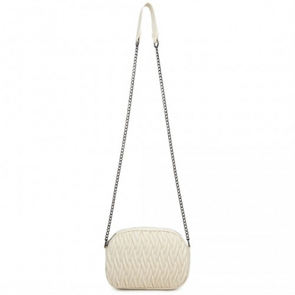 Miss Lulu Quilted Soft PU Leather Crossbody Shoulder Bag with Chain Strap - Beige