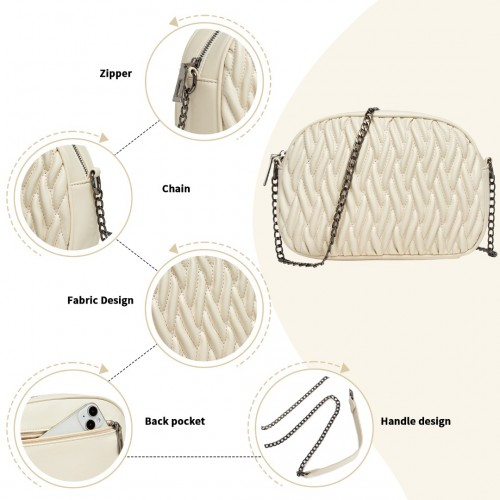 Miss Lulu Quilted Soft PU Leather Crossbody Shoulder Bag with Chain Strap - Beige