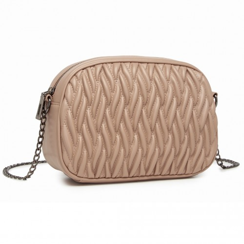 Miss Lulu Quilted Soft PU Leather Crossbody Shoulder Bag with Chain Strap - Khaki