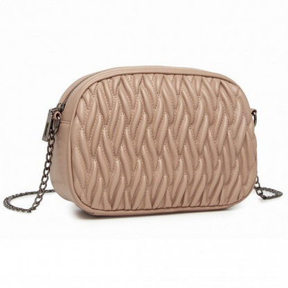Miss Lulu Quilted Soft PU Leather Crossbody Shoulder Bag with Chain Strap - Khaki