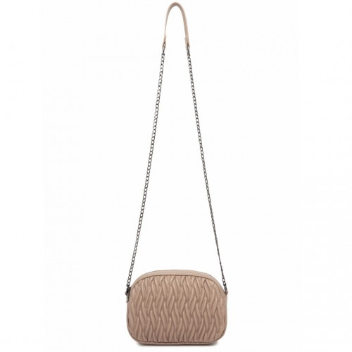 Miss Lulu Quilted Soft PU Leather Crossbody Shoulder Bag with Chain Strap - Khaki