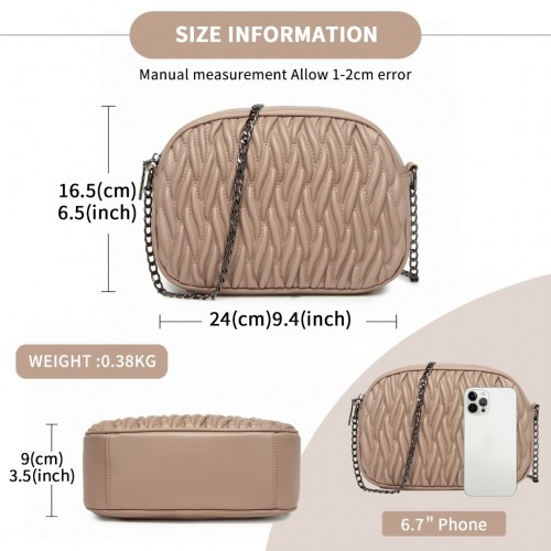 Miss Lulu Quilted Soft PU Leather Crossbody Shoulder Bag with Chain Strap - Khaki