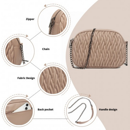 Miss Lulu Quilted Soft PU Leather Crossbody Shoulder Bag with Chain Strap - Khaki
