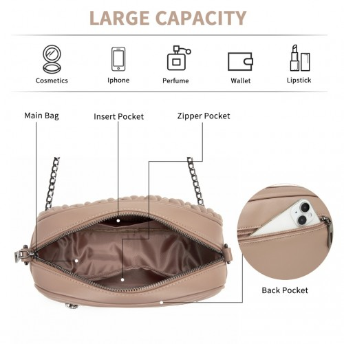 Miss Lulu Quilted Soft PU Leather Crossbody Shoulder Bag with Chain Strap - Khaki