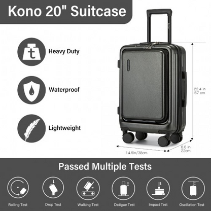 KSK2493 - Kono Durable ABS+PC 20 inch Carry-On Hardshell Suitcase with TSA Lock & Front Laptop Compartment - Grey