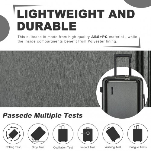 KSK2493 - Kono Durable ABS+PC 20 inch Carry-On Hardshell Suitcase with TSA Lock & Front Laptop Compartment - Grey