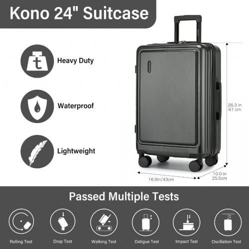 KSK2493 - Kono Durable 24 Inch ABS+PC Hardshell Suitcase with TSA Lock Lightweight Travel Luggage with 360° Spinner Wheels - Grey