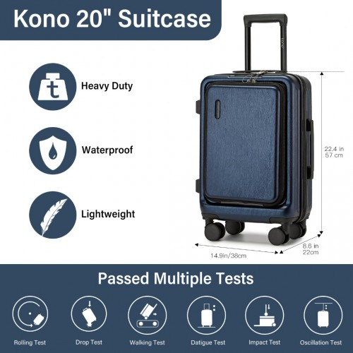 KSK2493 - Kono Durable ABS+PC 20 inch Carry-On Hardshell Suitcase with TSA Lock & Front Laptop Compartment - Navy