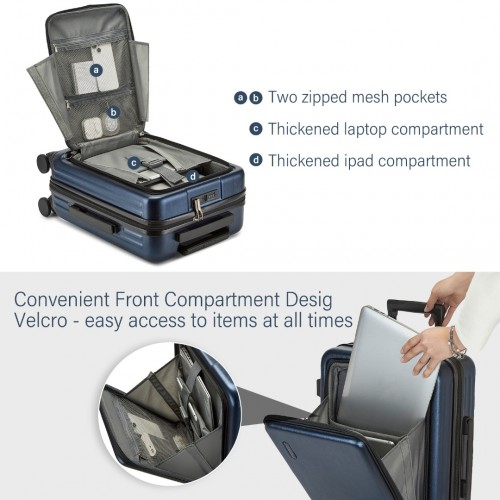 KSK2493 - Kono Durable ABS+PC 20 inch Carry-On Hardshell Suitcase with TSA Lock & Front Laptop Compartment - Navy