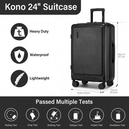 Kono Durable 24 Inch Hardshell Suitcase with TSA Lock & 360° Spinner Wheels - Black