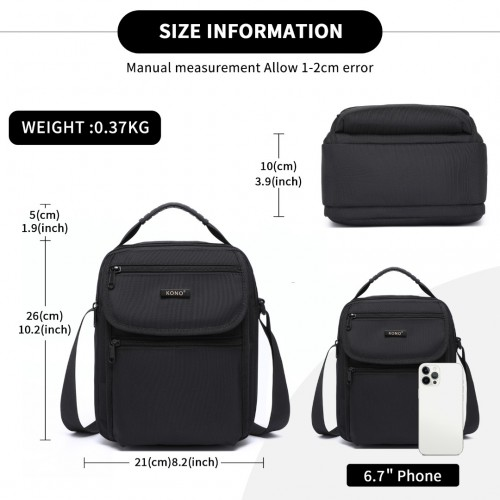 Kono Durable Men's Crossbody Shoulder Bag with Multiple Pockets - Black | Perfect for Travel, Work, and Daily Use