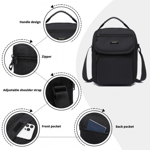 Kono Durable Men's Crossbody Shoulder Bag with Multiple Pockets - Black | Perfect for Travel, Work, and Daily Use