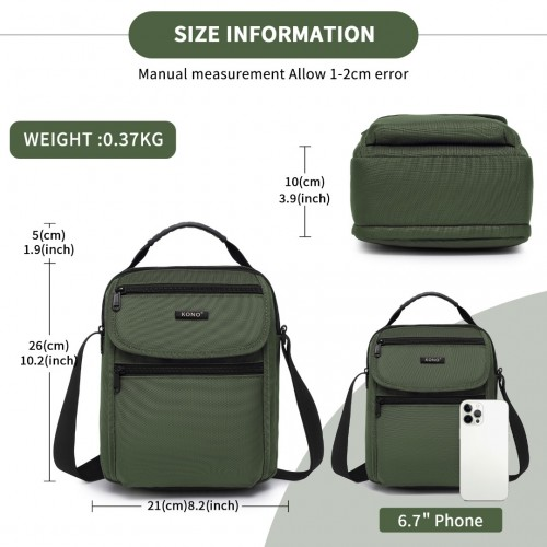 Kono Durable Men's Crossbody Shoulder Bag - Multi-Pocket Messenger Bag for Travel, Work & Daily Use - Green