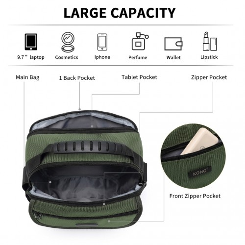 Kono Durable Men's Crossbody Shoulder Bag - Multi-Pocket Messenger Bag for Travel, Work & Daily Use - Green