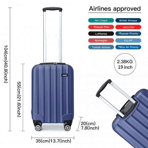 Kono 19 Inch Cabin Size ABS+PC Hard Shell Luggage with Vertical Stripes - Ideal Carry-On - Navy