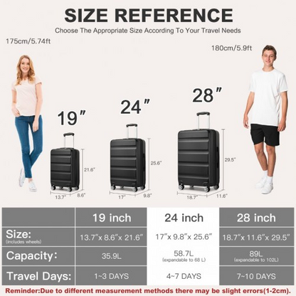 Kono 24 Inch Expandable Hard Shell ABS+PC Check-In Suitcase with TSA Lock - Black