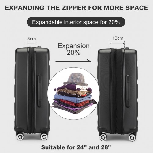 Kono 24 Inch Expandable Hard Shell ABS+PC Check-In Suitcase with TSA Lock - Black