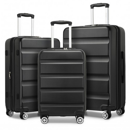 KSK2482 - Kono 3-Piece Horizontal Engraved Hard Shell ABS+PC Suitcase with TSA Lock - Black