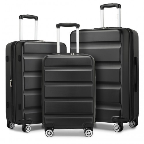 KSK2482 - Kono 3-Piece Horizontal Engraved Hard Shell ABS+PC Suitcase with TSA Lock - Black