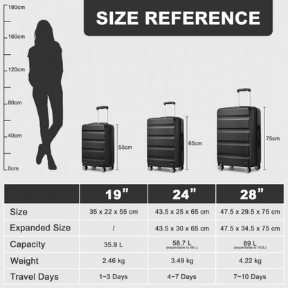 KSK2482 - Kono 3-Piece Horizontal Engraved Hard Shell ABS+PC Suitcase with TSA Lock - Black