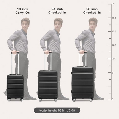 KSK2482 - Kono 3-Piece Horizontal Engraved Hard Shell ABS+PC Suitcase with TSA Lock - Black