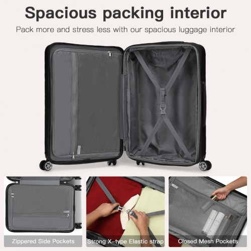 KSK2482 - Kono 3-Piece Horizontal Engraved Hard Shell ABS+PC Suitcase with TSA Lock - Black