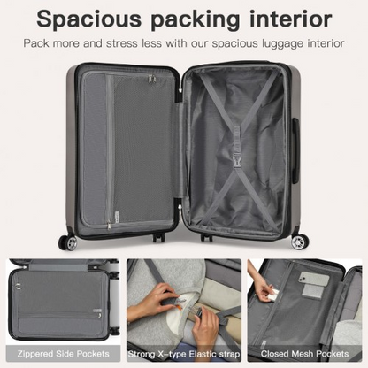 Kono 24 Inch Expandable Hard Shell Check-In Suitcase with TSA Lock - Grey