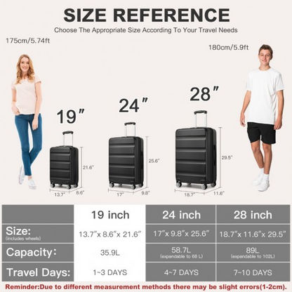 Kono 19 Inch Stylish Horizontal Engraved Hard Shell Cabin Carry-On Suitcase with TSA Lock - Black