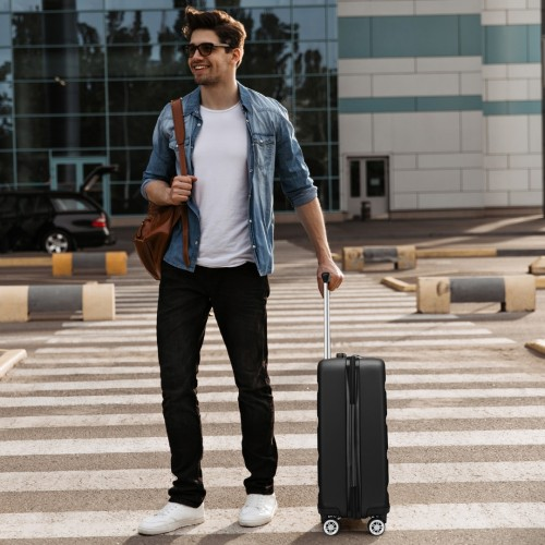 Kono 19 Inch Stylish Horizontal Engraved Hard Shell Cabin Carry-On Suitcase with TSA Lock - Black