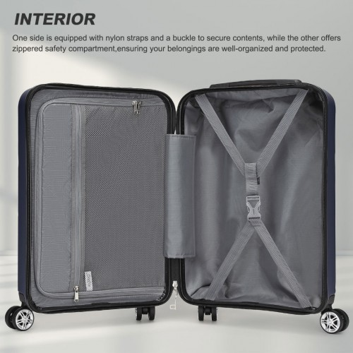 Kono 19 Inch Stylish Horizontal Engraved Hard Shell ABS+PC Cabin Carry-On Suitcase with TSA Lock - Navy